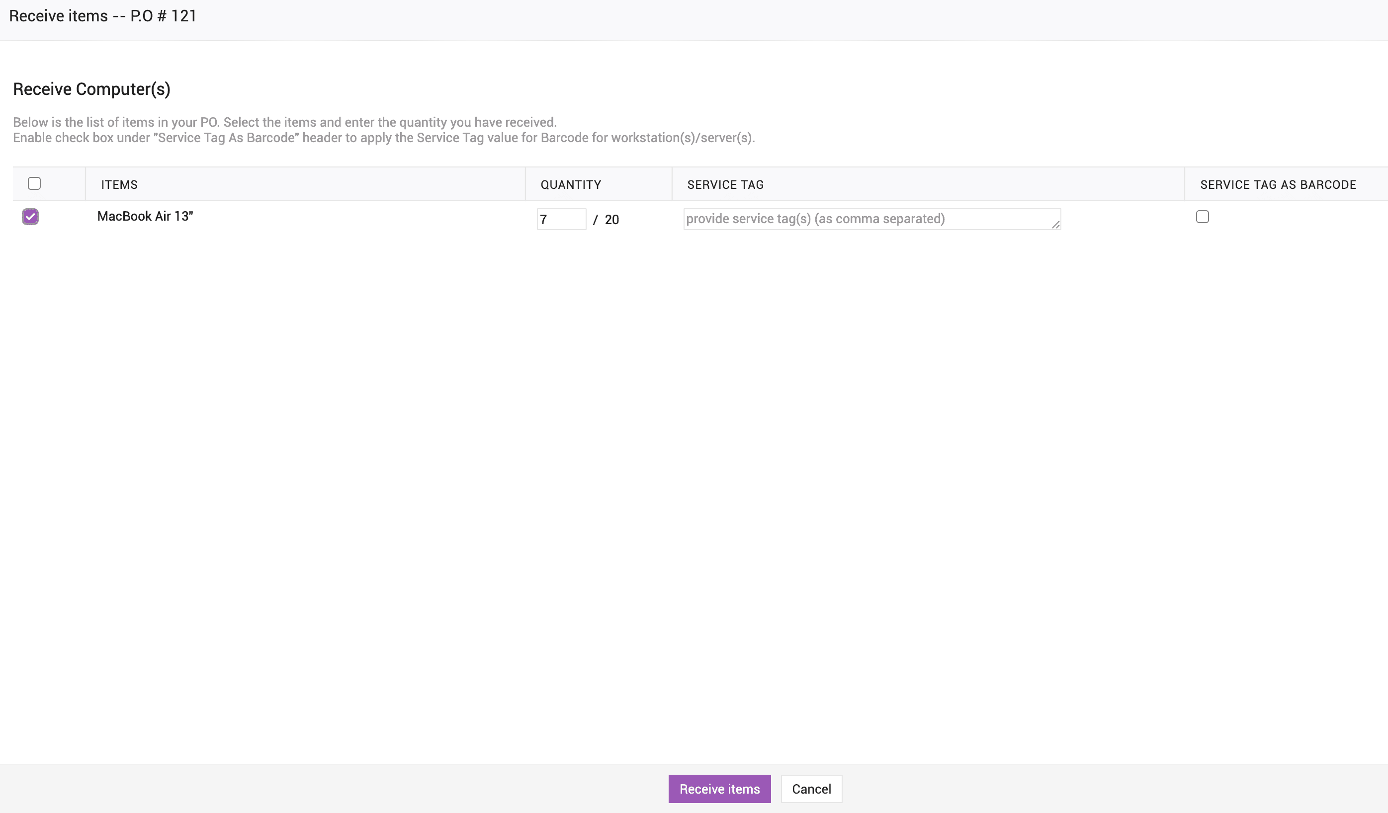 Receiving Purchase order items via barcode Receiving purchase order items via barcode or QR code in ServiceDesk Plus on-premises