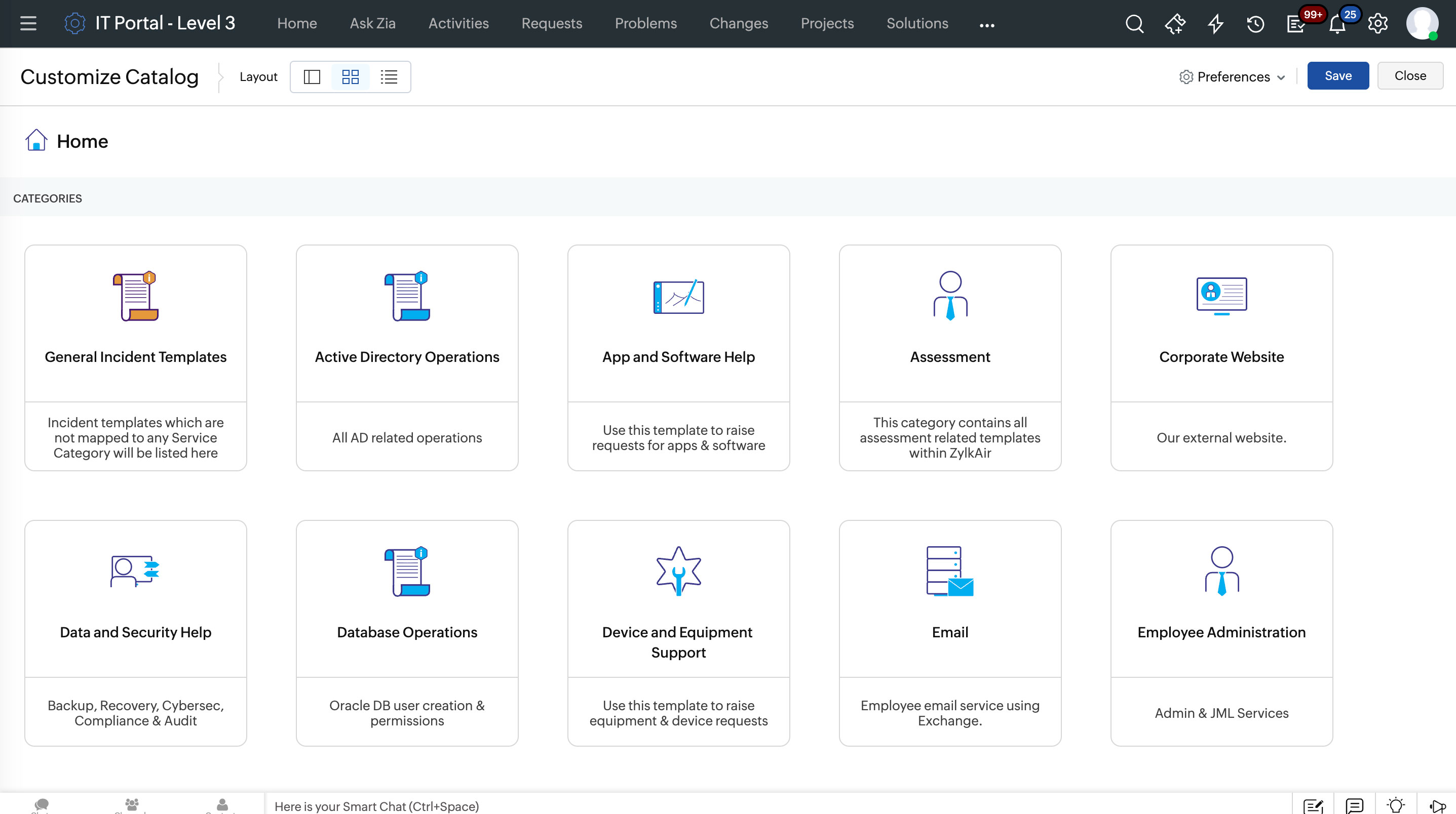 Service catalog for IT and business services in ServiceDesk Plus ServiceDesk Plus service catalog displaying IT and business services with self-service portal