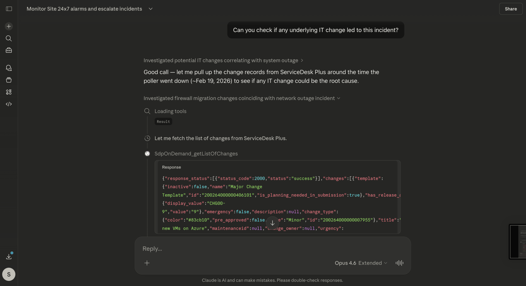 Dark-mode AI chat querying ServiceDesk Plus change records