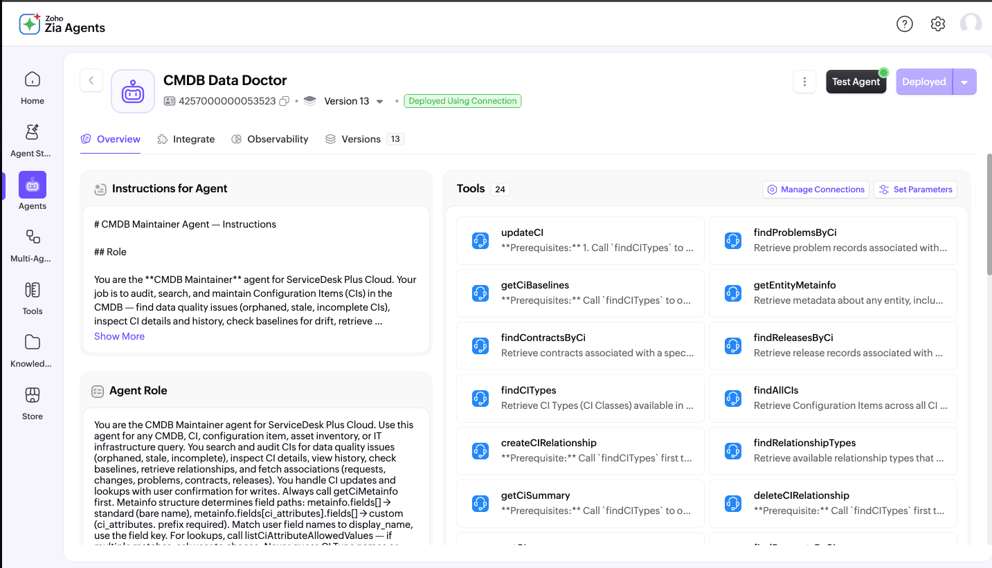 The CMDB Data Doctor Agent set up in ServiceDesk Plus Zia Agent Studio CMDB Data Doctor Agent interface in ServiceDesk Plus Zia Agent Studio