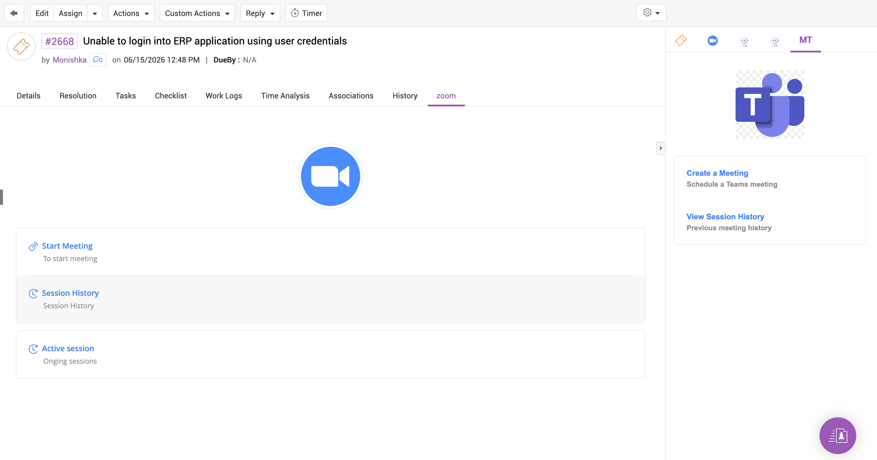 ServiceDesk Plus ticket workspace with embedded custom widget panels showing external tool access