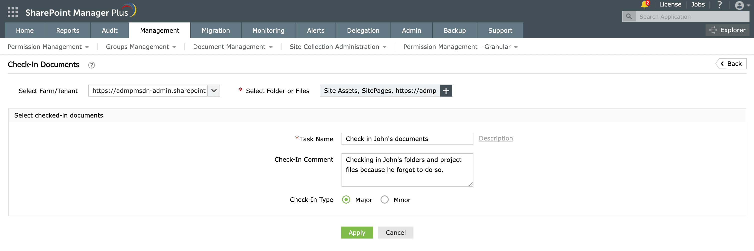 Add a check-in comment for documents in SharePoint Manager Plus.