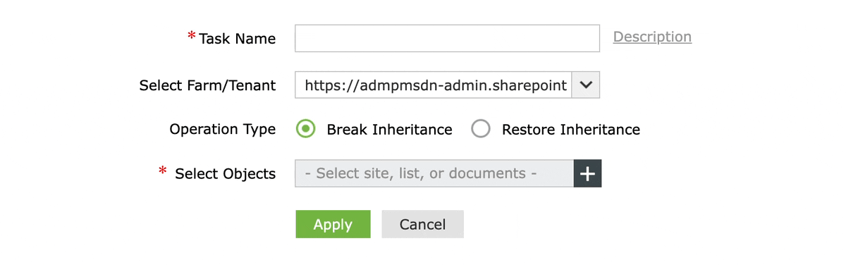 Choosing between Break Inheritance and Restore Inheritance in SharePoint Manager Plus.
