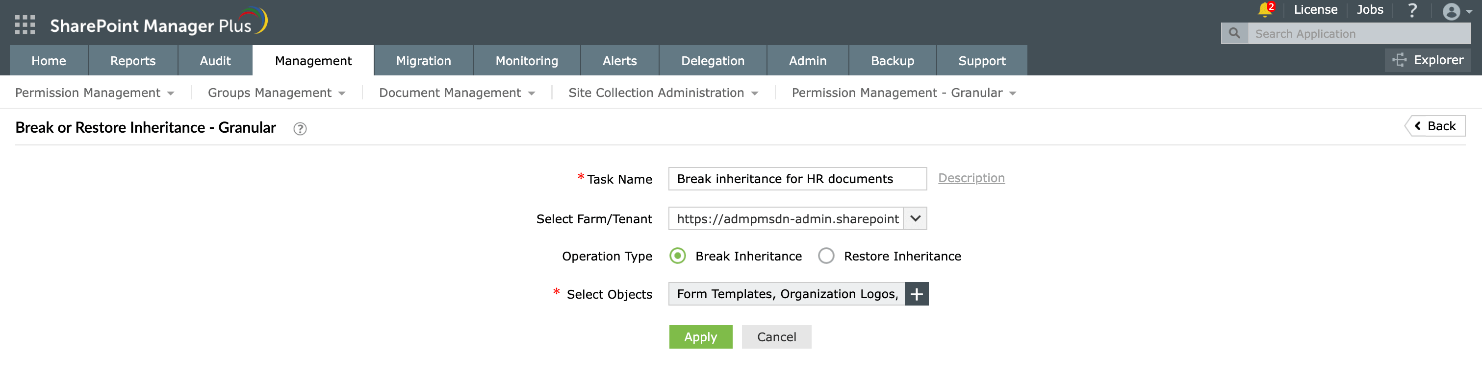 Breaking permission inheritance for SharePoint files using SharePoint Manager Plus.