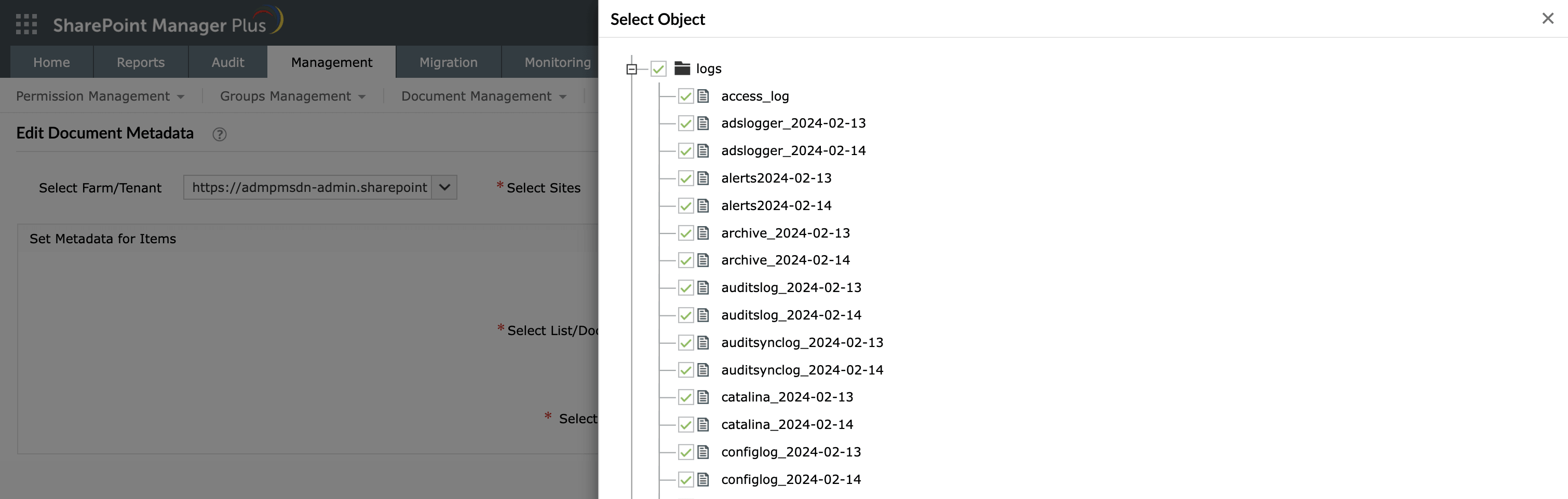 Selecting folders and files for bulk metadata editing in SharePoint Manager Plus.