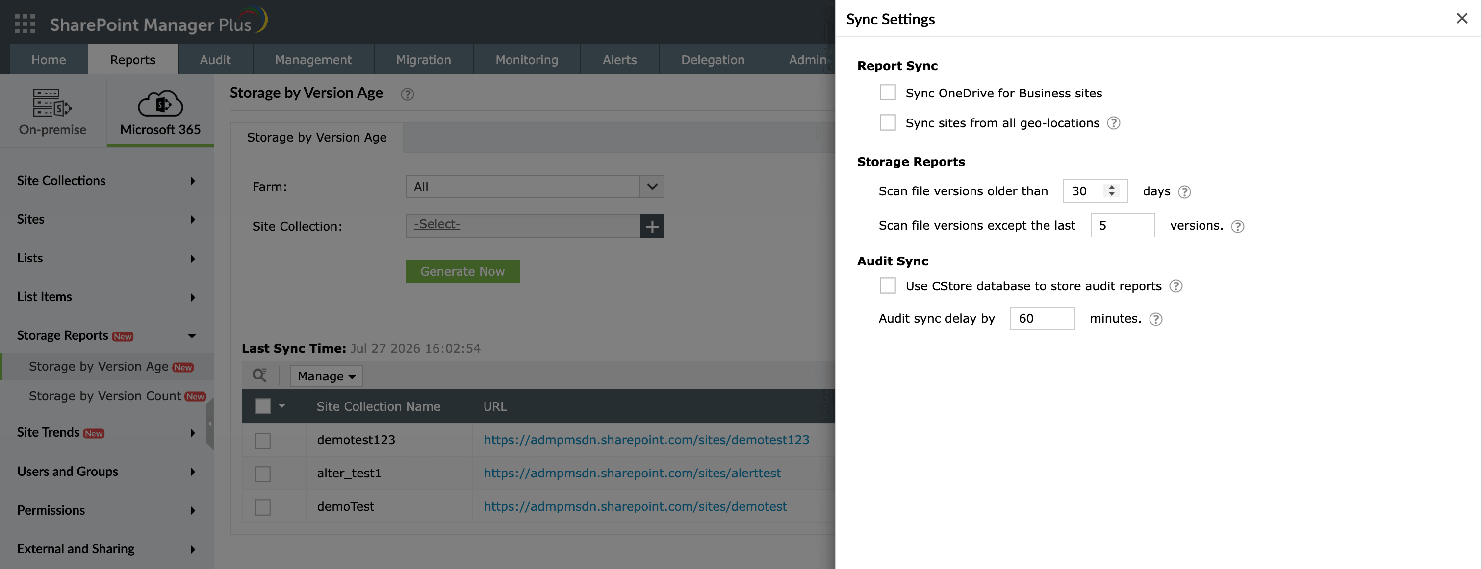 Configuring a version threshold in the Storage by Version Age report in SharePoint Manager Plus.