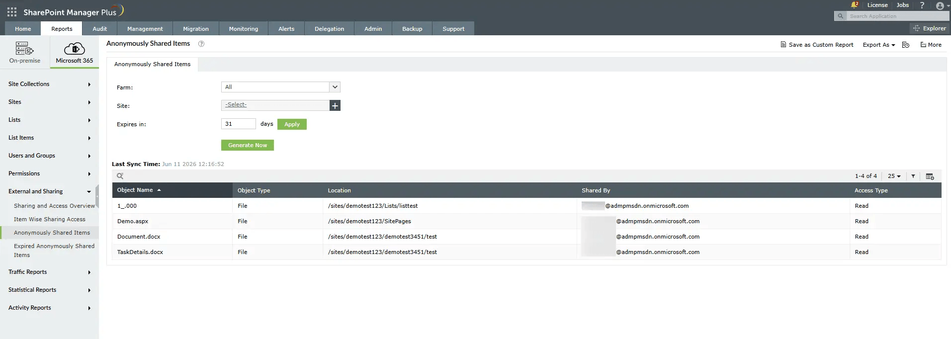 The Item Wise Sharing Access report in SharePoint Manager Plus.