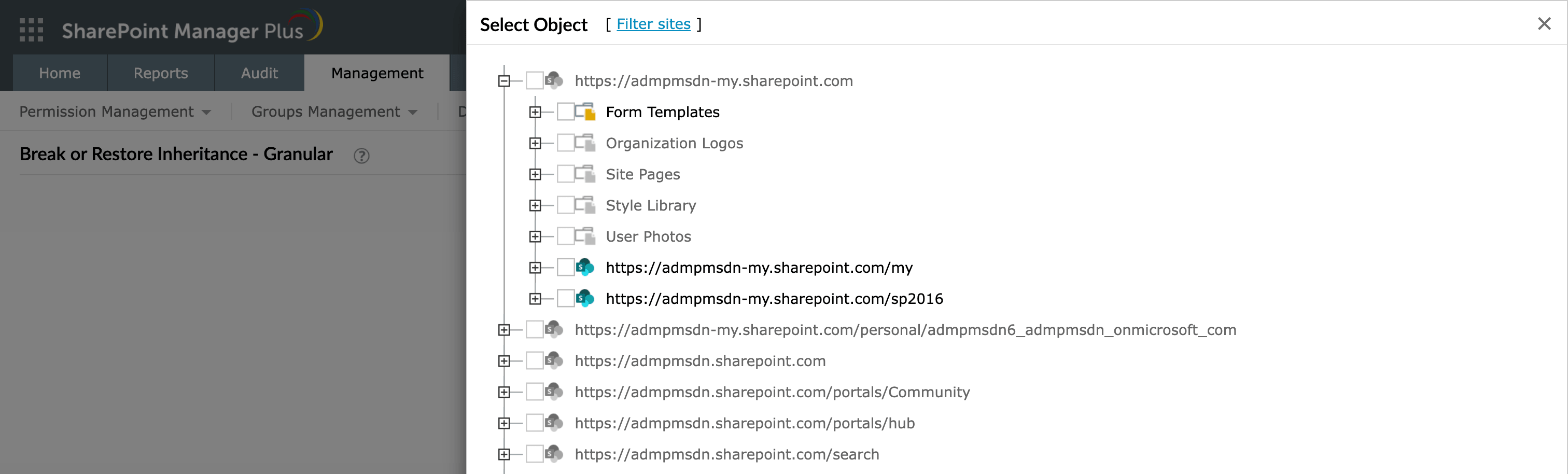The object picker in SharePoint Manager Plus showing non-inheriting items grayed out during a break-inheritance task.