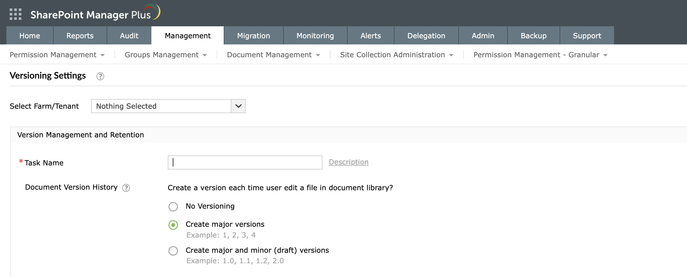 Selecting a SharePoint farm or tenant for a versioning settings task in SharePoint Manager Plus.