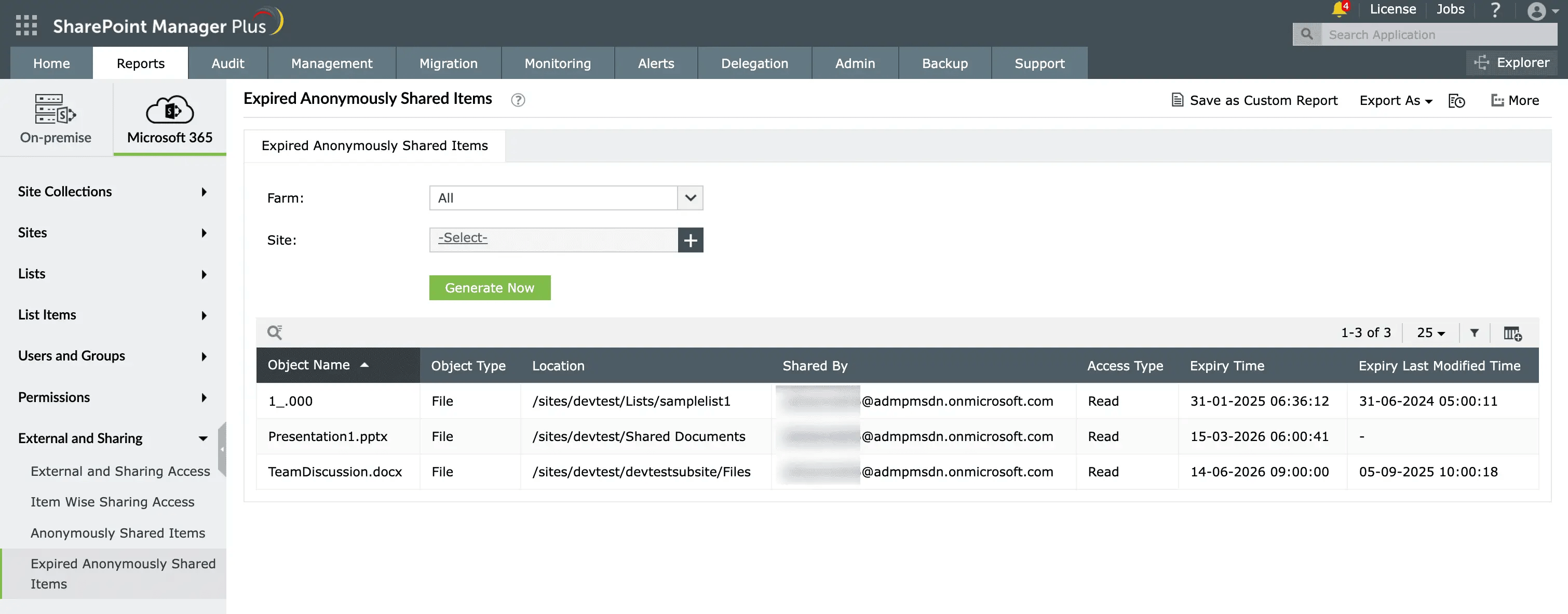 The Anonymously Shared Items report in SharePoint Manager Plus.