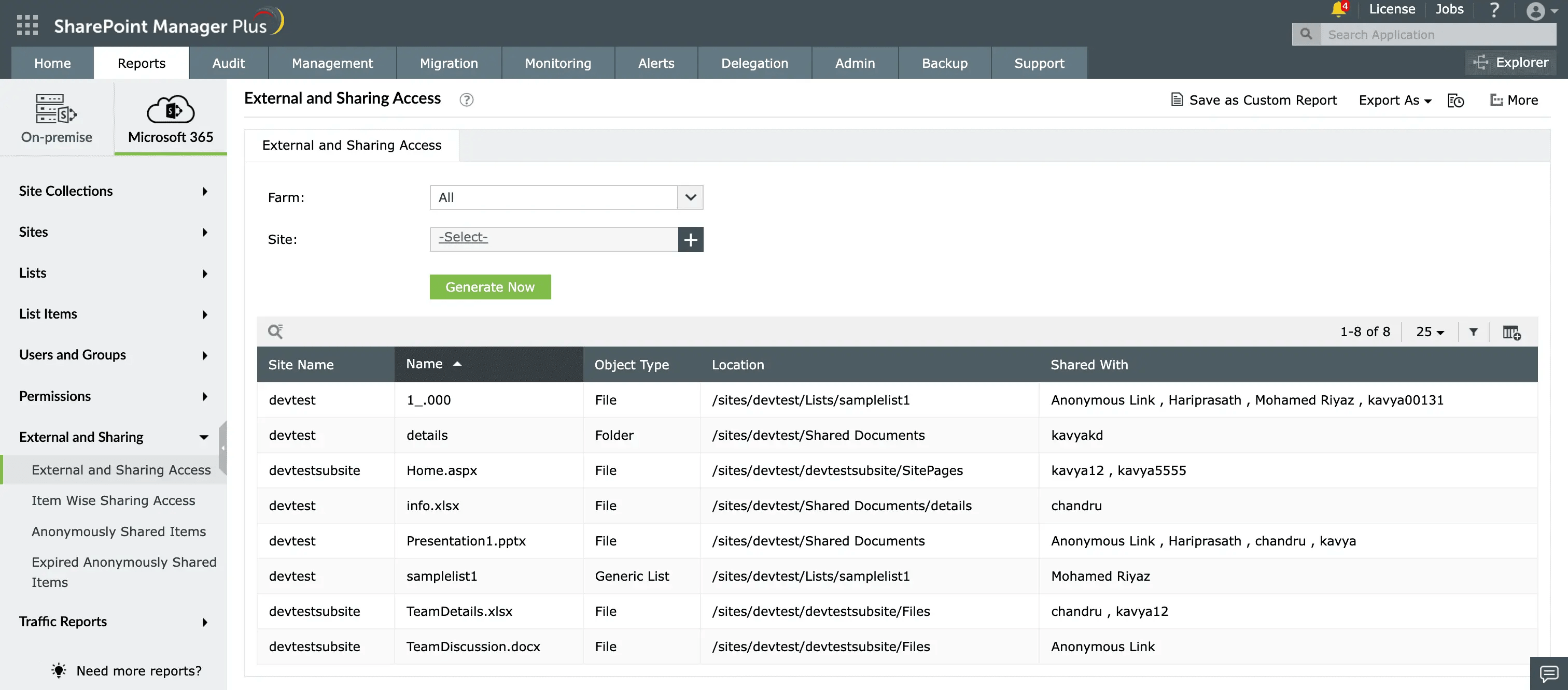 The External and Sharing Access report in SharePoint Manager Plus.