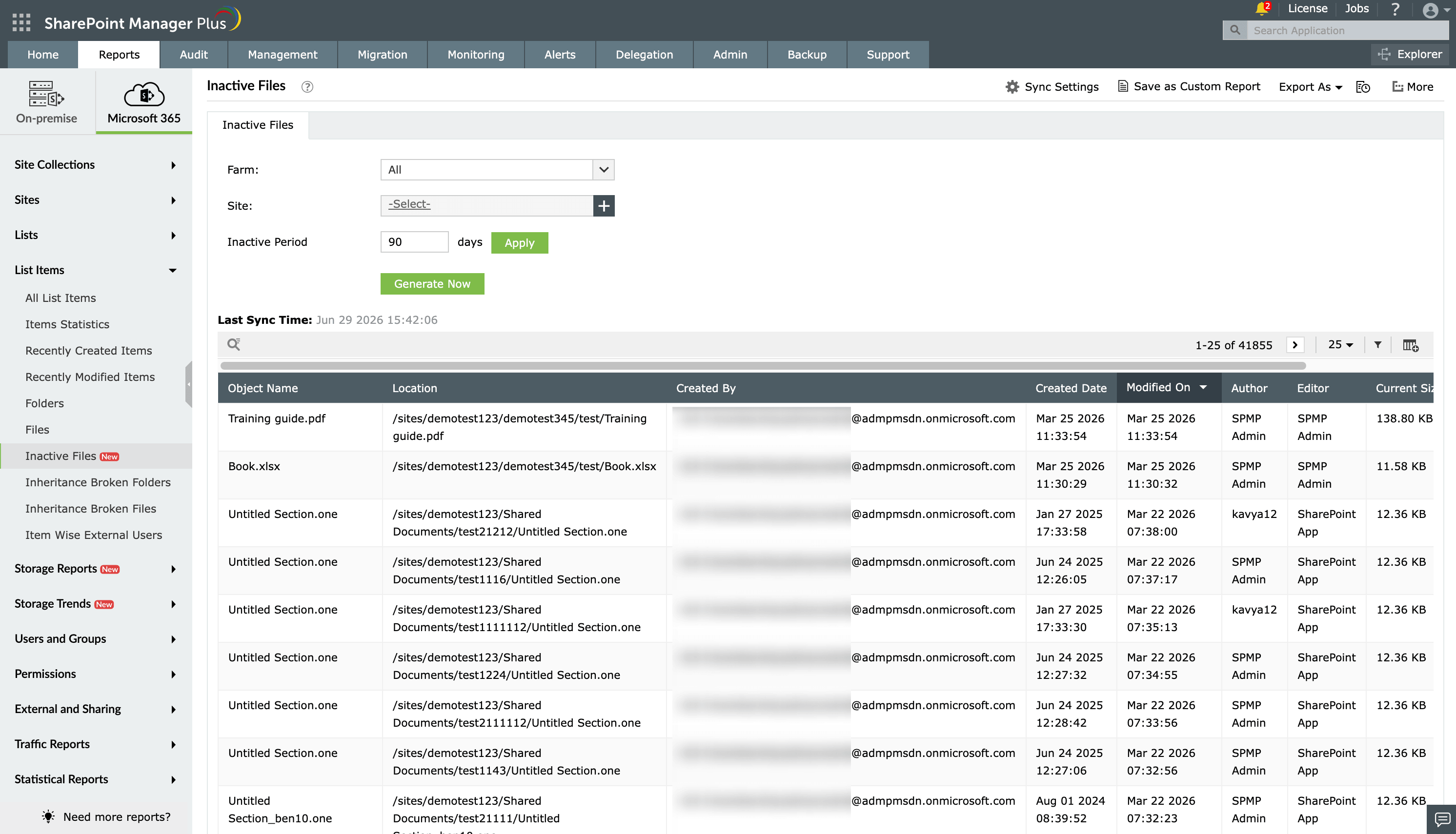 The Inactive Files report in SharePoint Manager Plus.