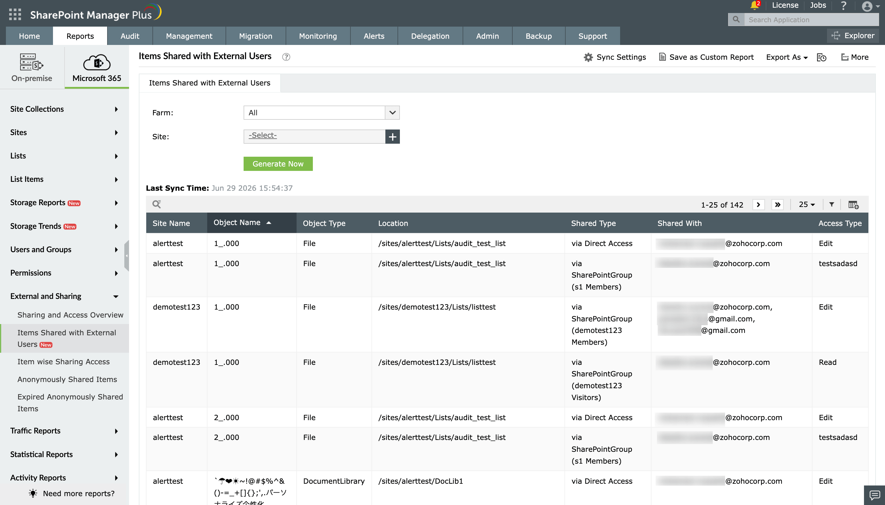 The Items Shared with External Users report in SharePoint Manager Plus.