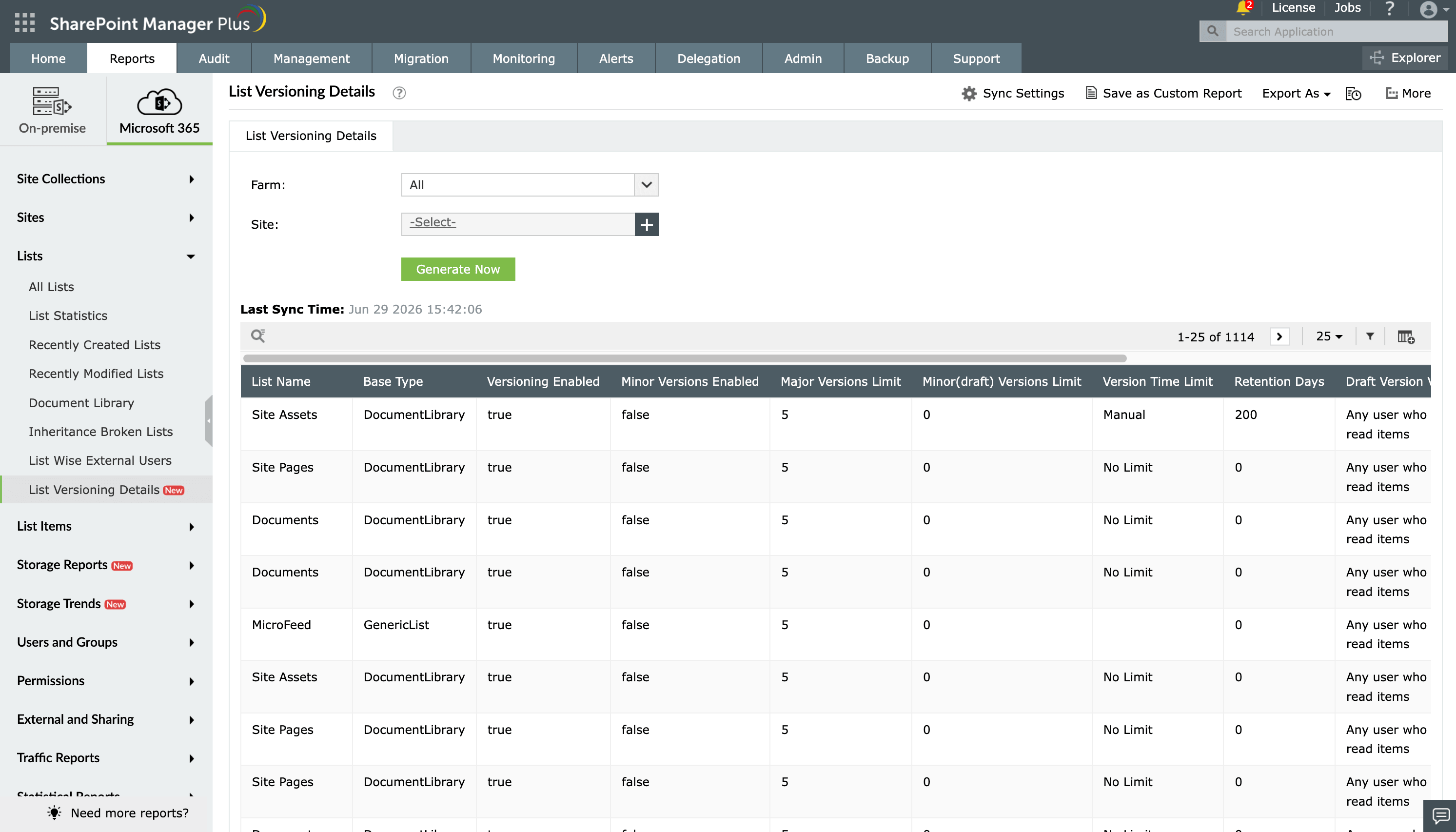 The List Versioning Details report in SharePoint Manager Plus.