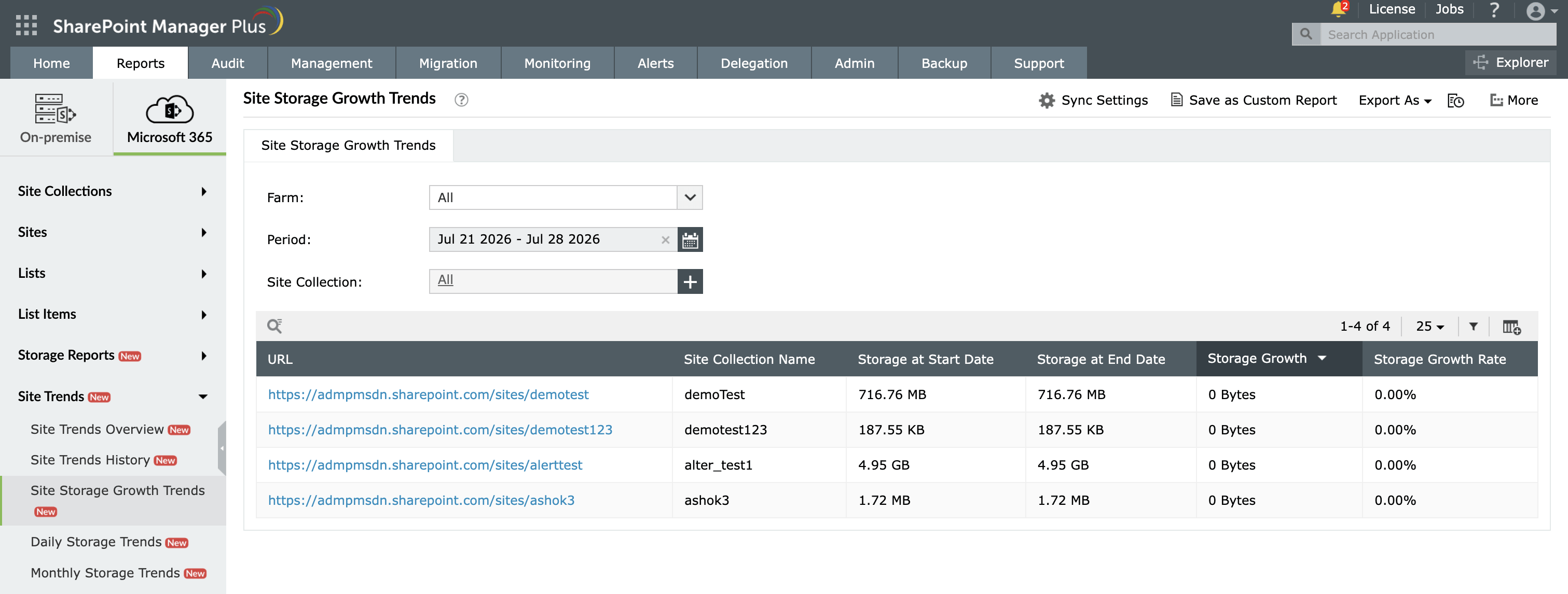 The Site Storage Growth Trends report in SharePoint Manager Plus.