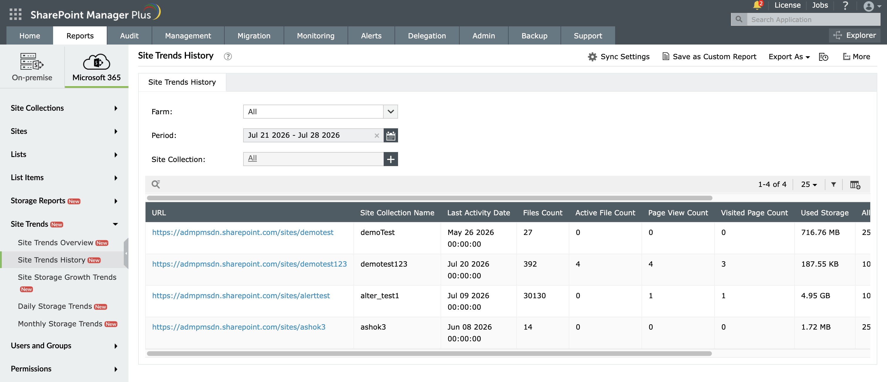 The Site Trends History report in SharePoint Manager Plus.