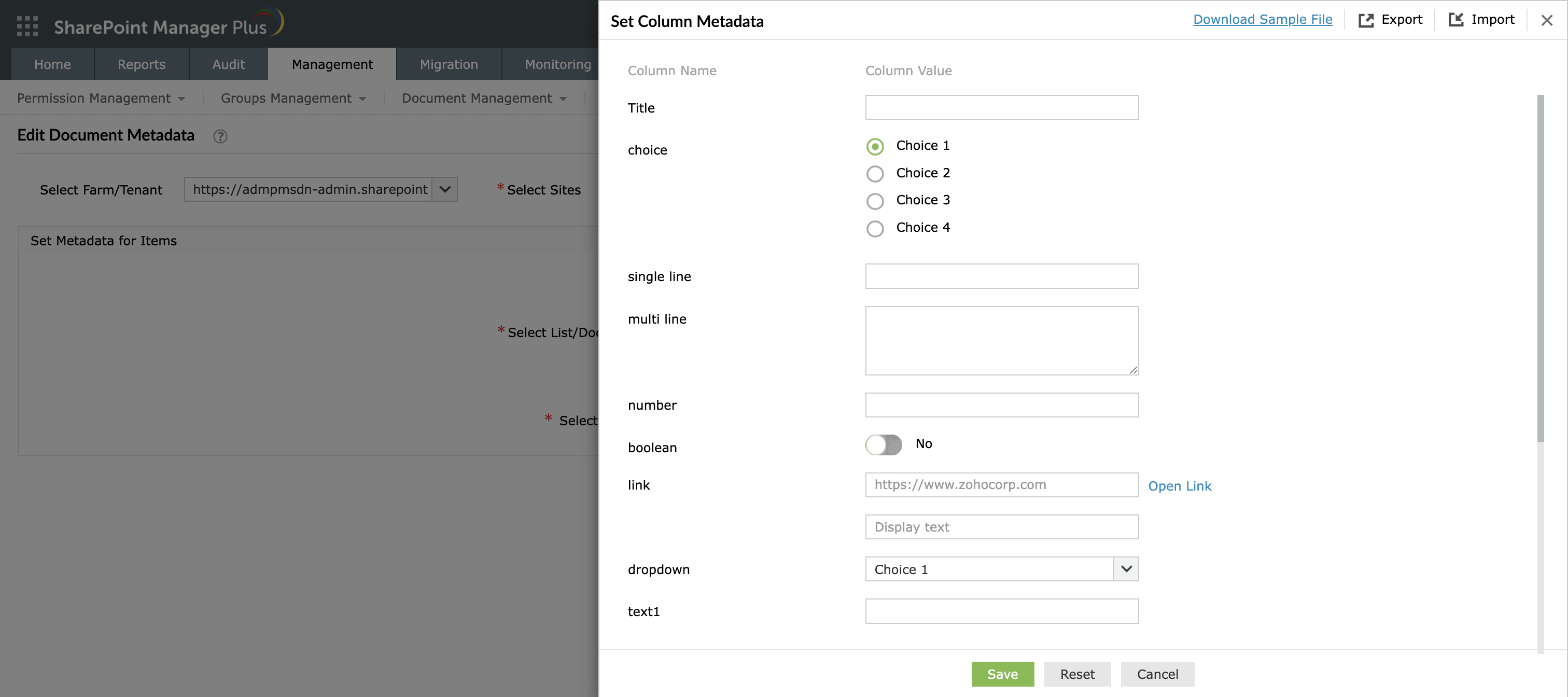 Supported column types in the Set Column Metadata window in SharePoint Manager Plus.