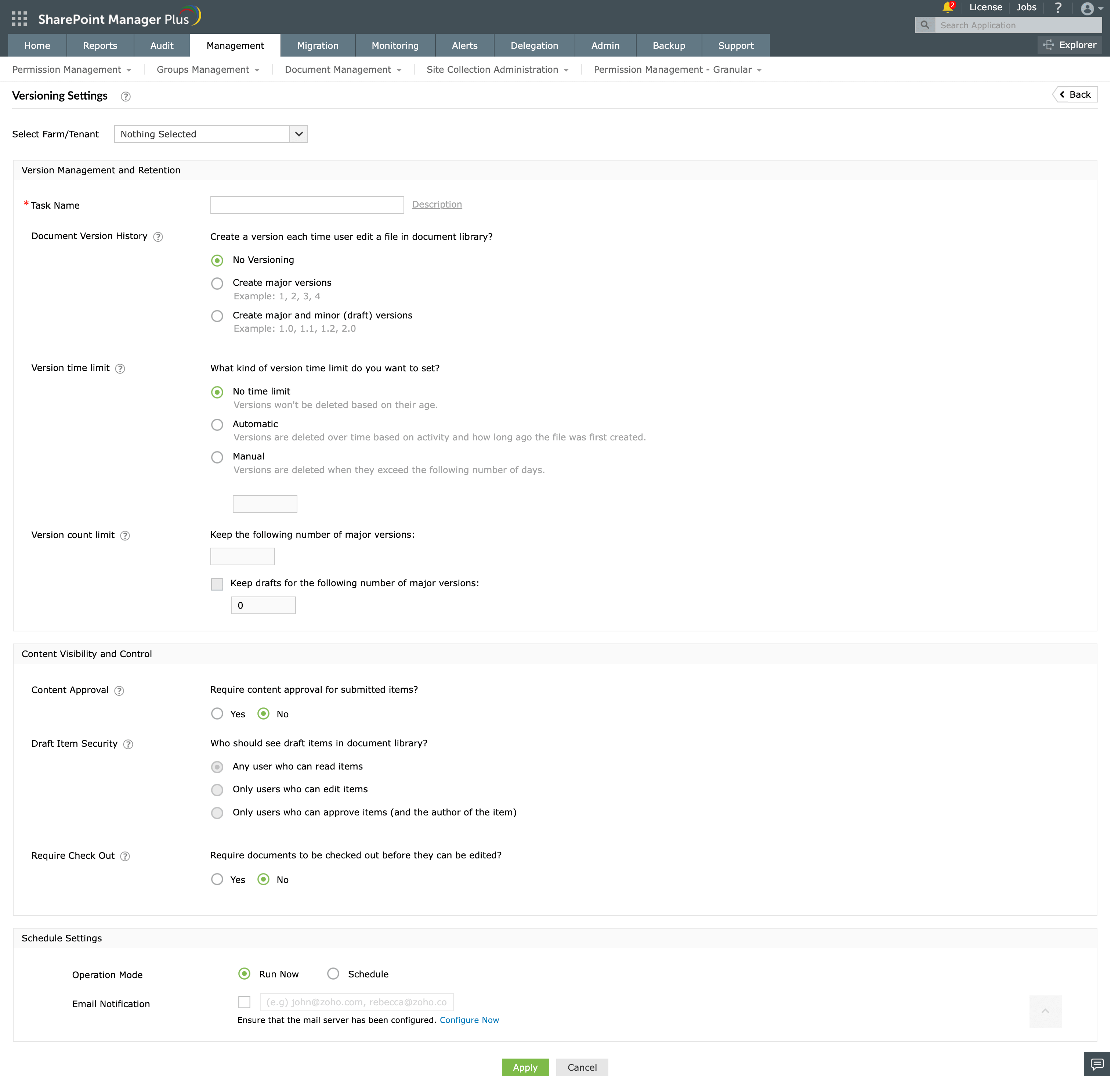 The Versioning Settings feature in SharePoint Manager Plus.