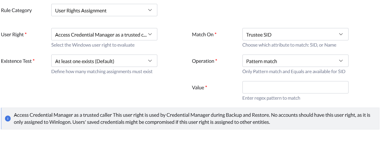User Rights Assignment rule category