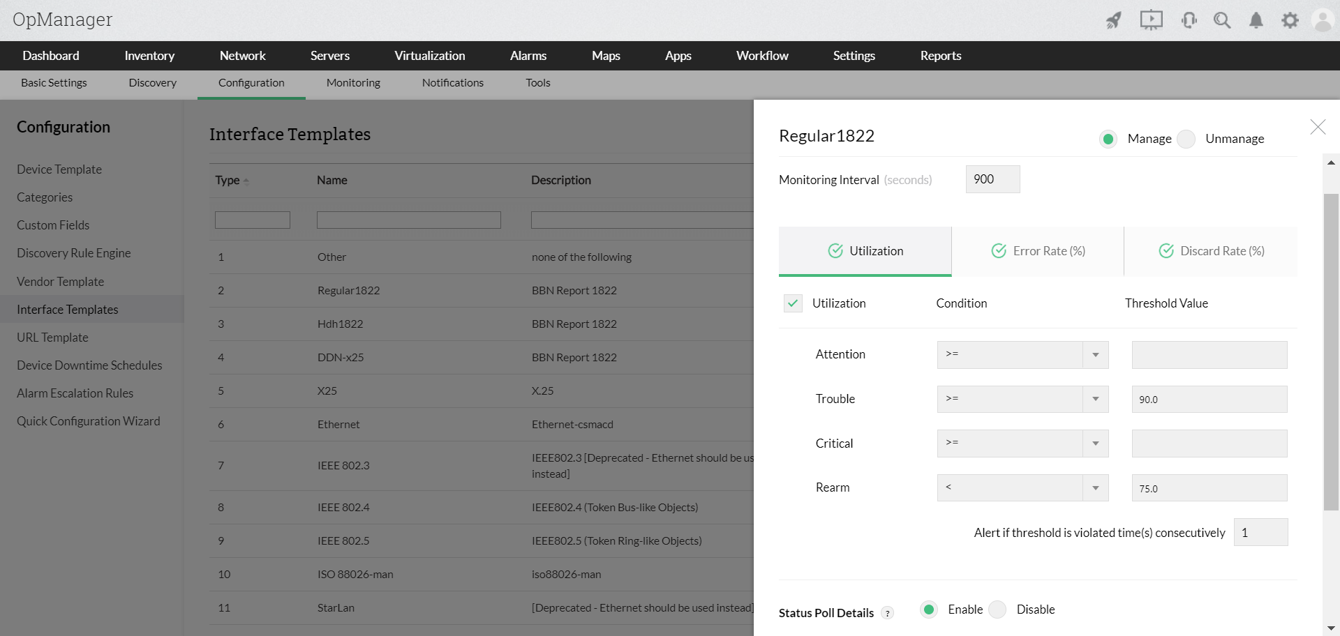 Interface templates in OpManager: Modifying an interface template