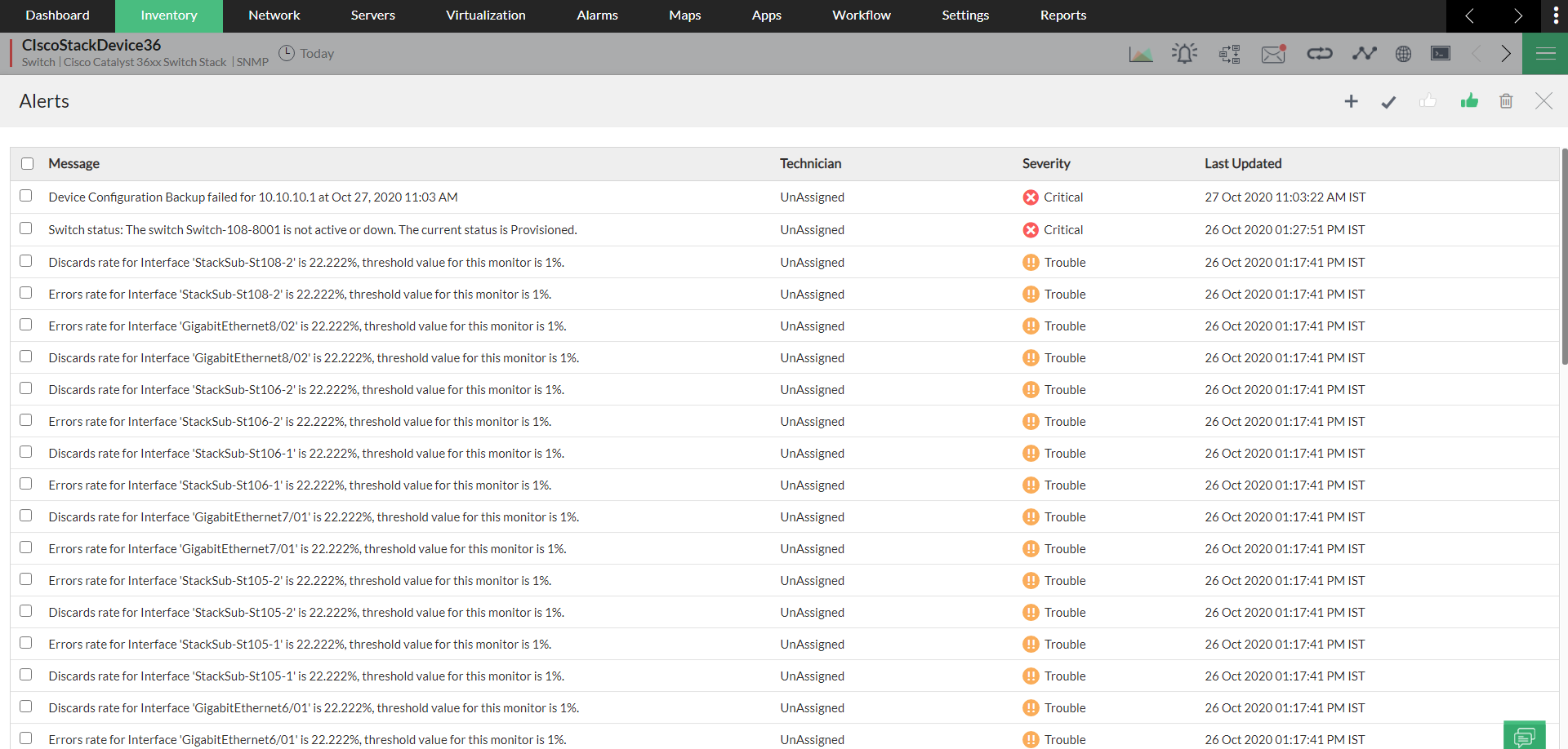 Cisco Switch Monitoring in OpManager: Alert generation