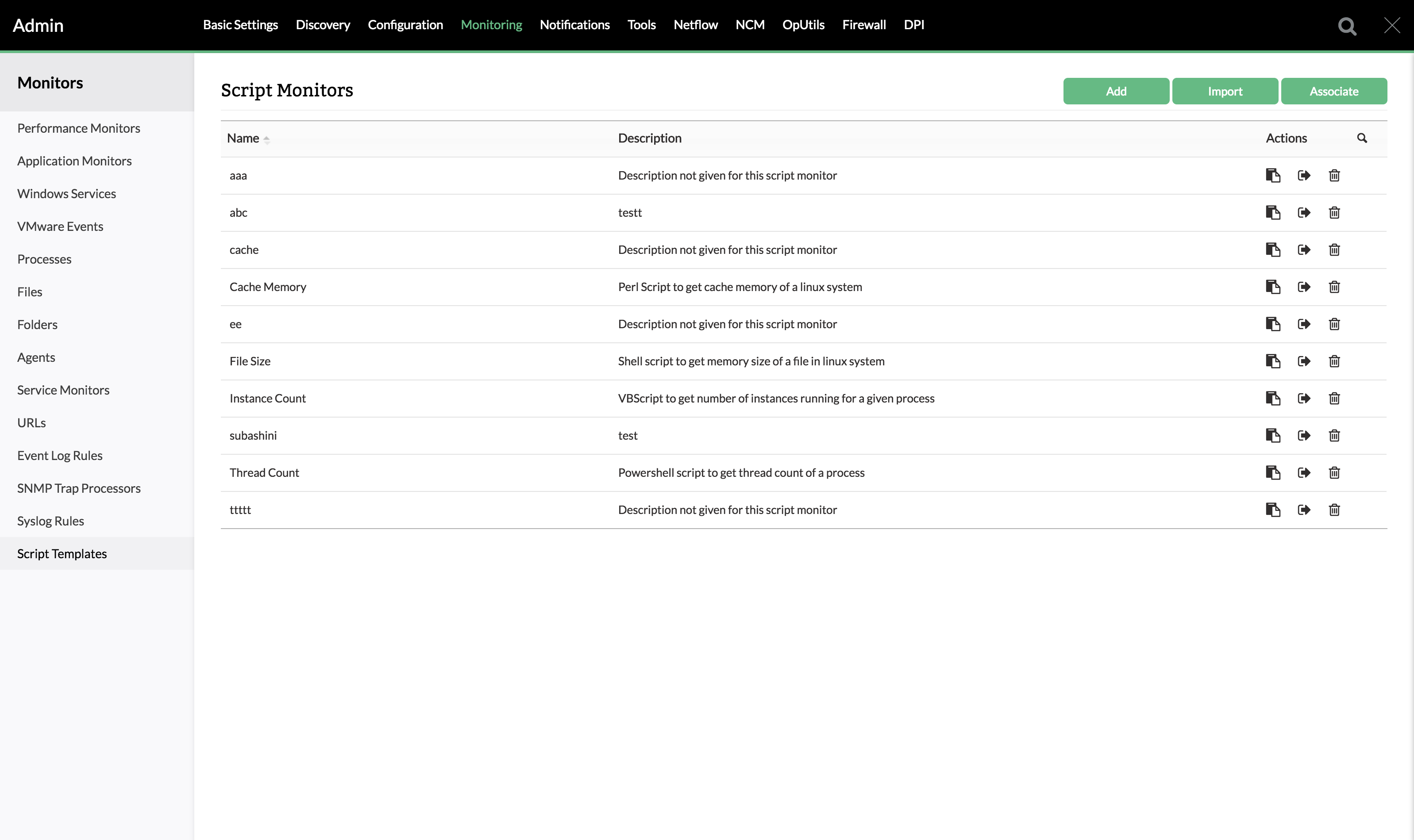 Script monitoring in OpManager: Script monitors list