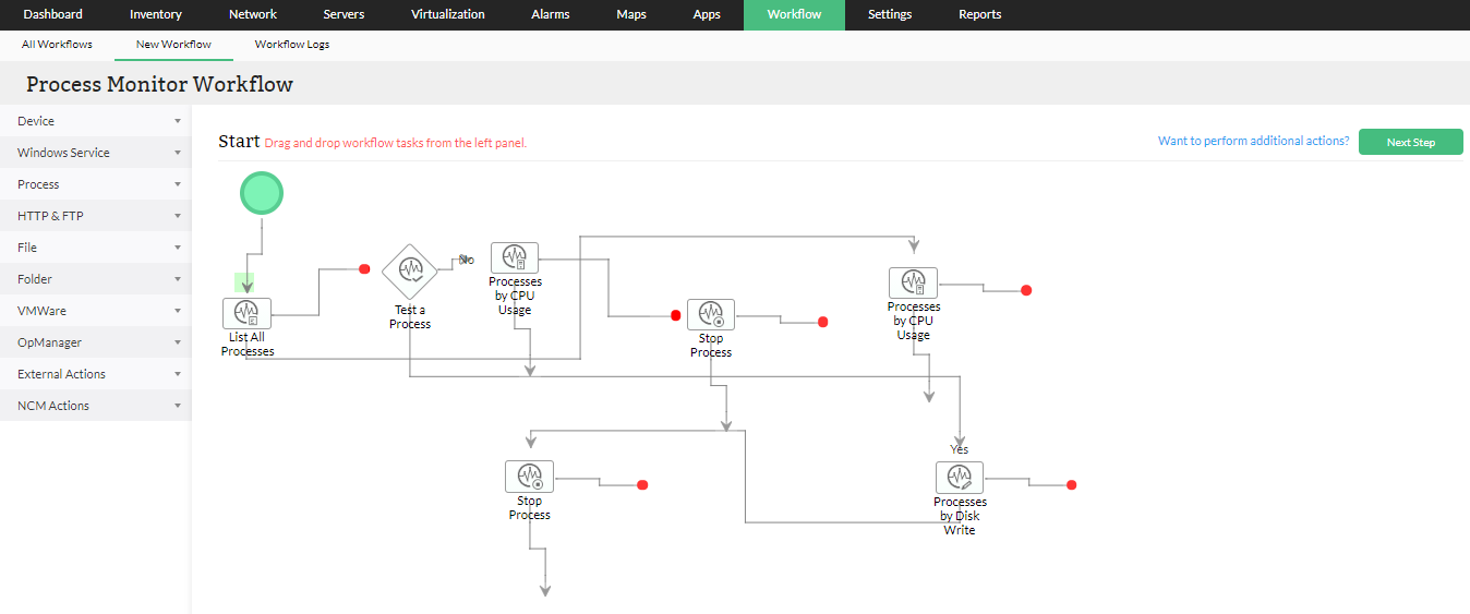 Windows process monitor in OpManager: Automate Windows process fault management operations with workflows