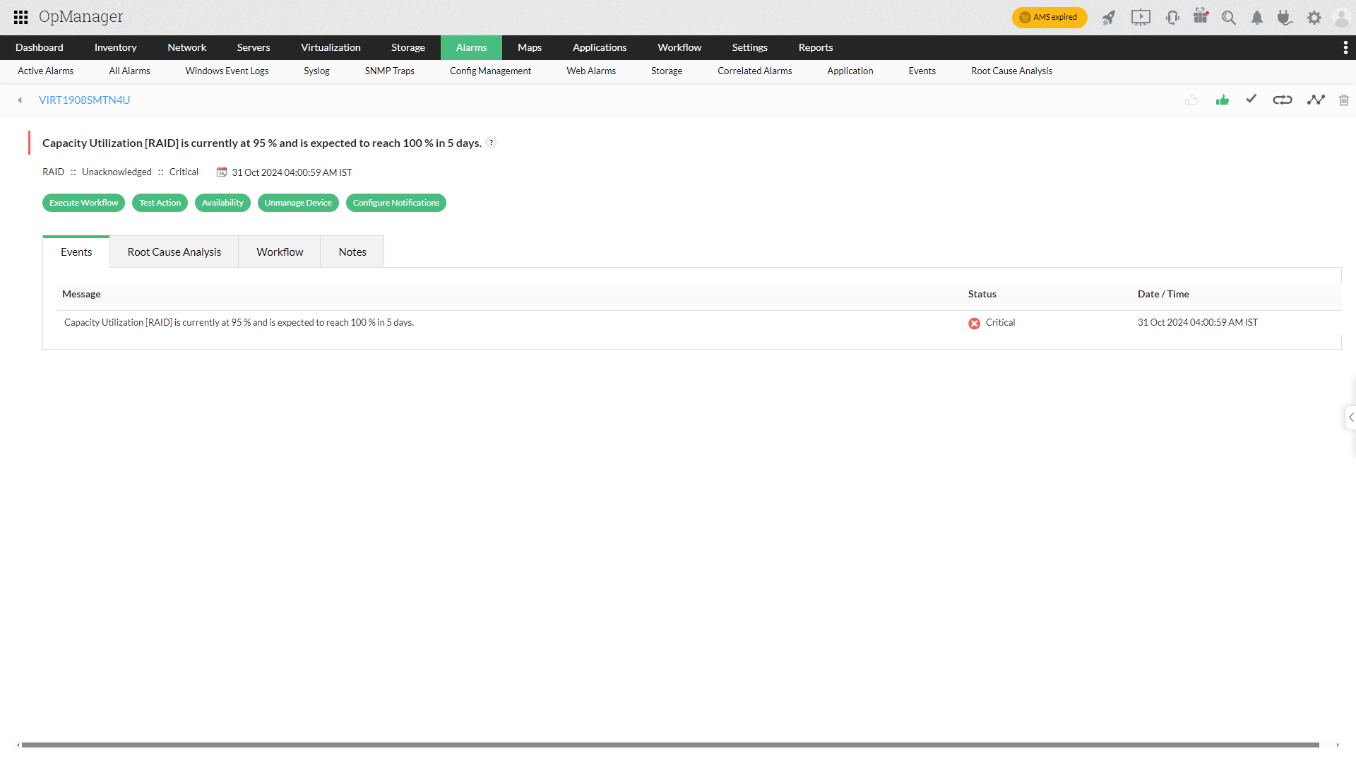 Zia insights dashboard in OpManager: Capacity utilization