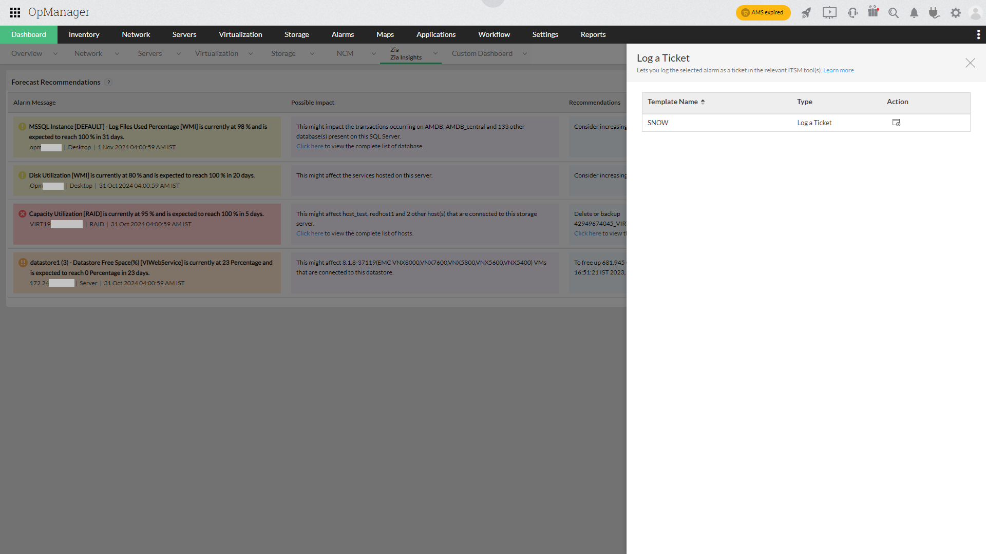 Zia insights dashboard in OpManager: Log a ticket