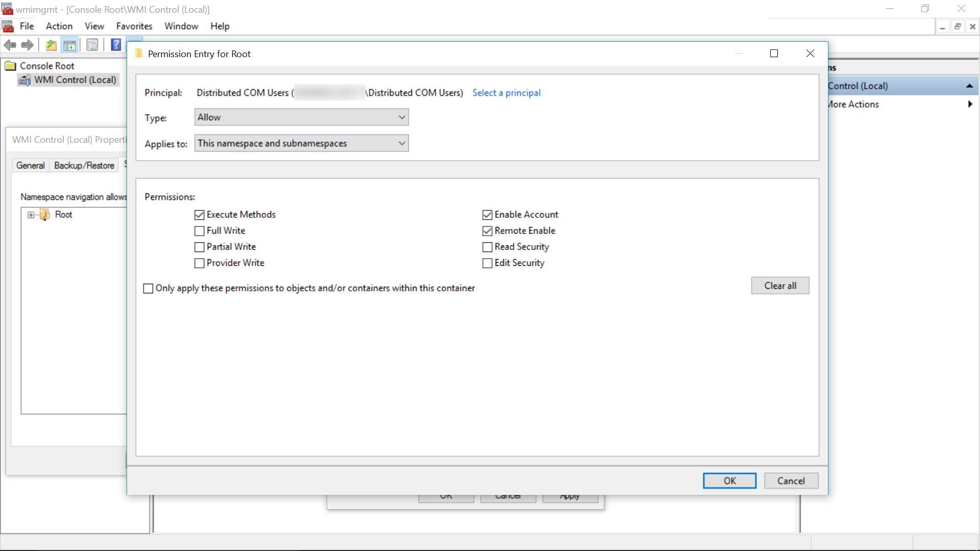 Non admin user account configuration for WMI: Permission entry for root