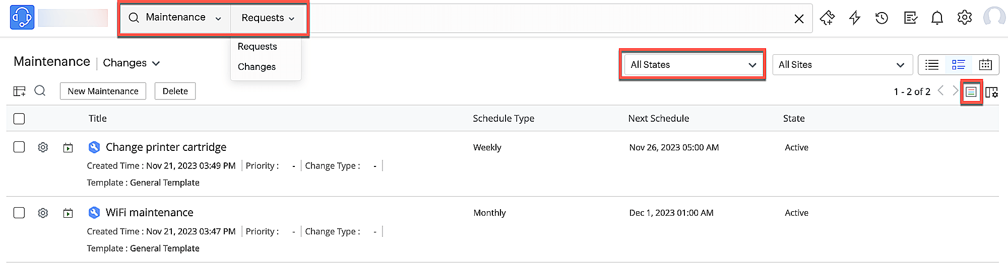 Site filter - List view