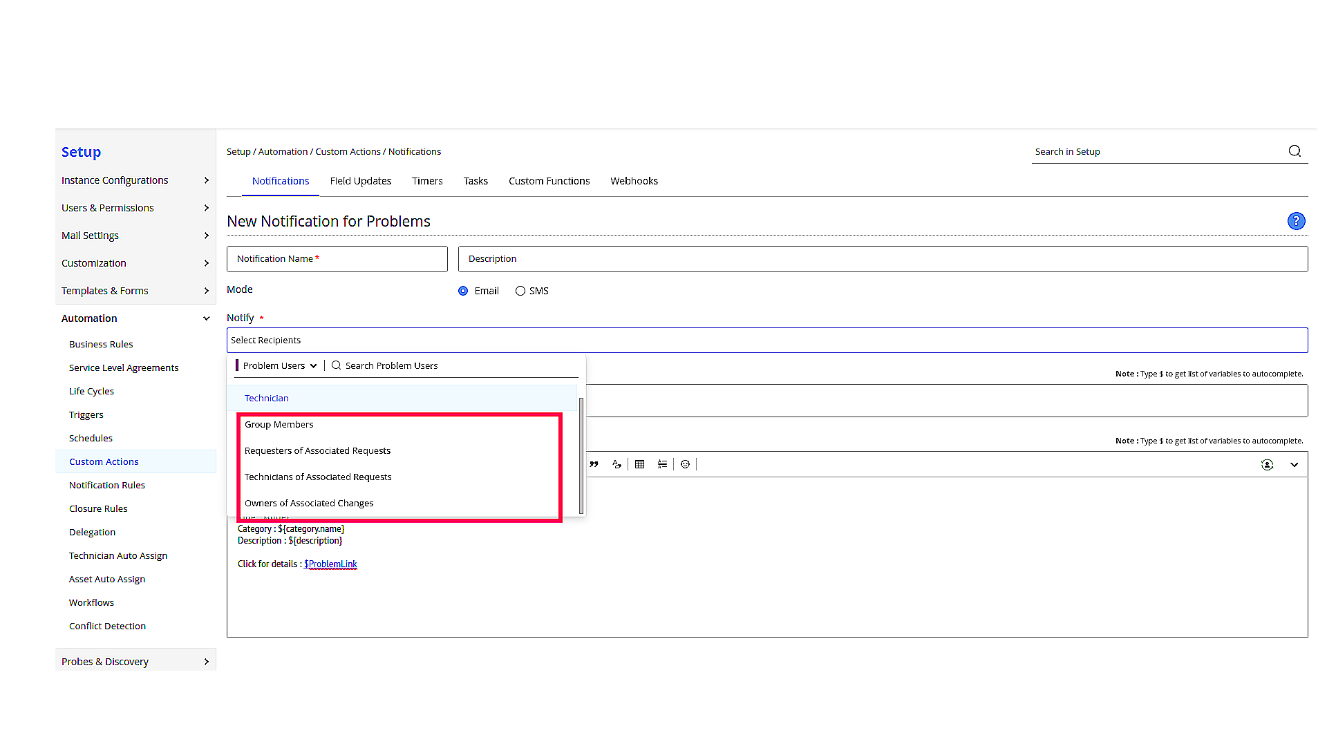 notifications under Setup