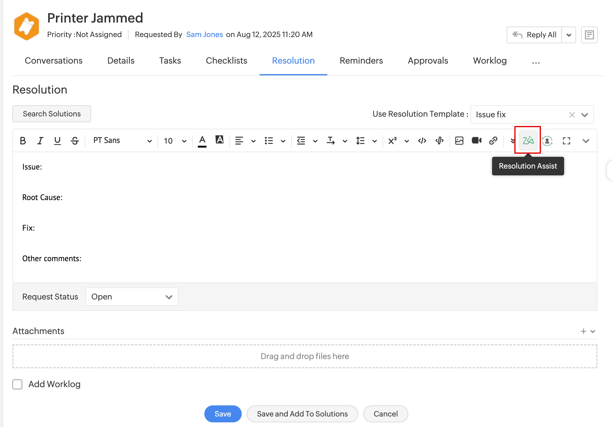 Resolution Assist in Request Resolution
