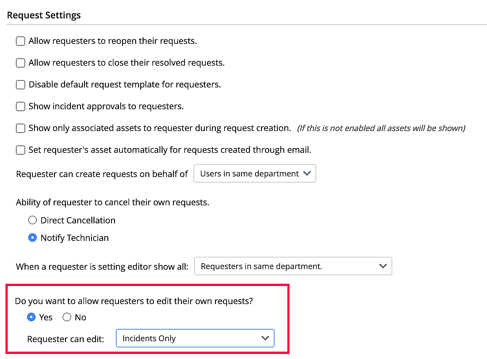 Requester Portal Settings