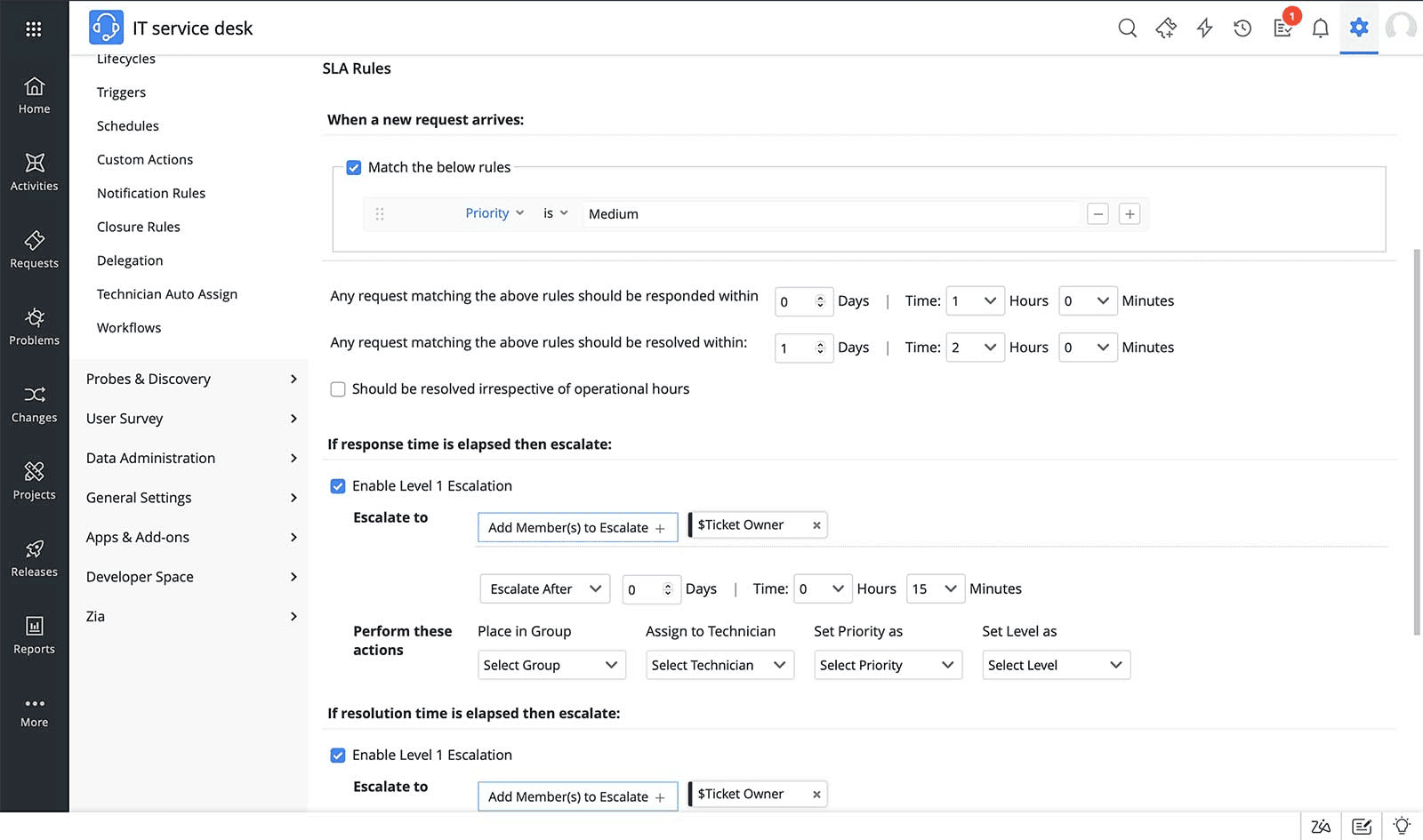 SLA automation and escalation rules in a ticketing managment system