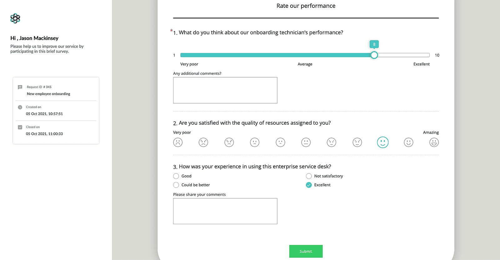 User satisfaction survey form used to measure ticket resolution quality