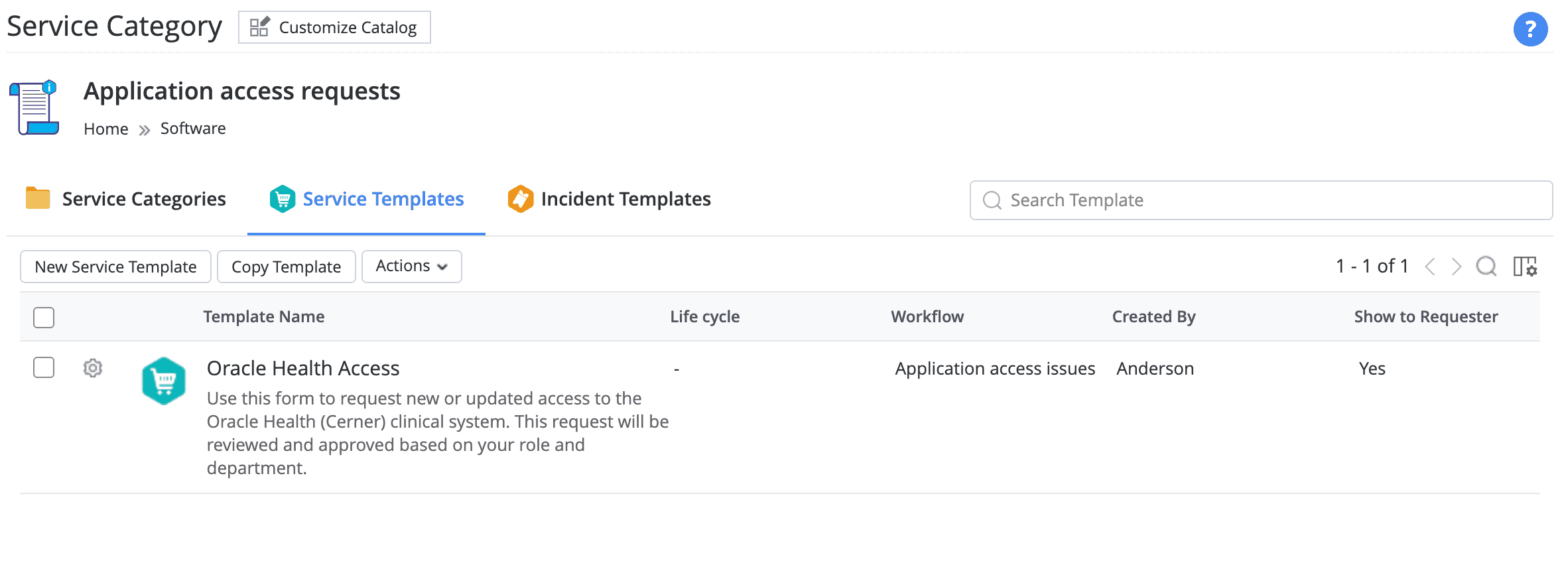 Custom EHR access request templates for hospital IT service management