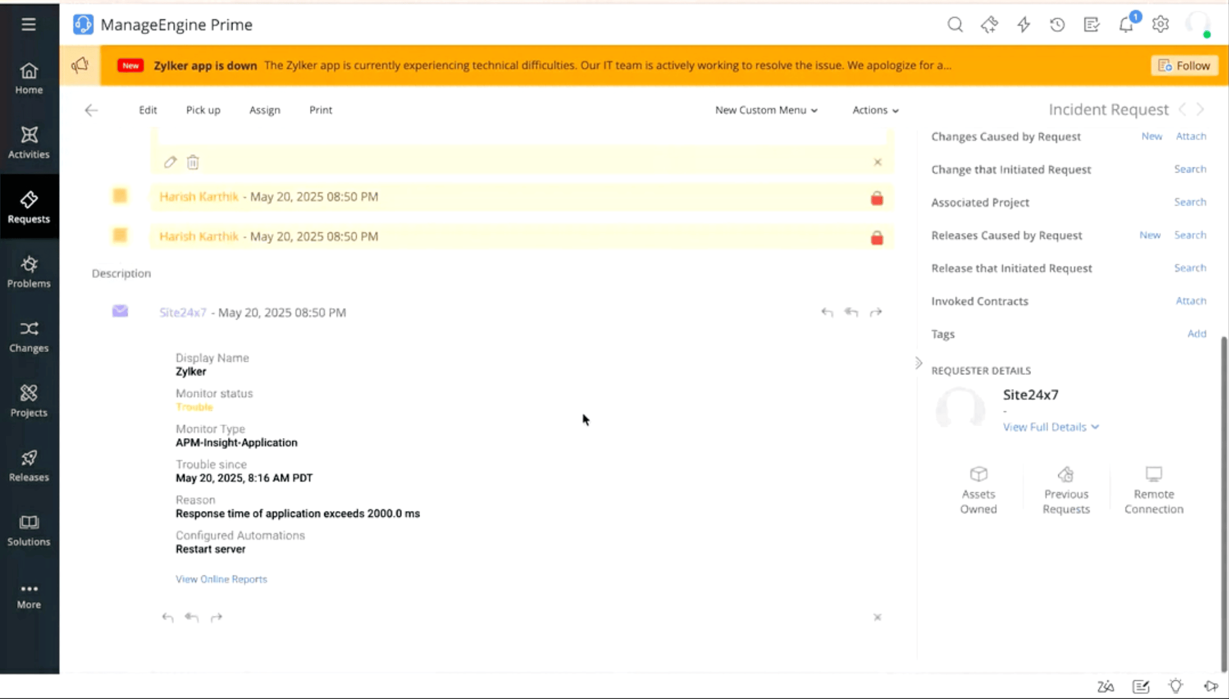 Site24x7 and ITSM integration