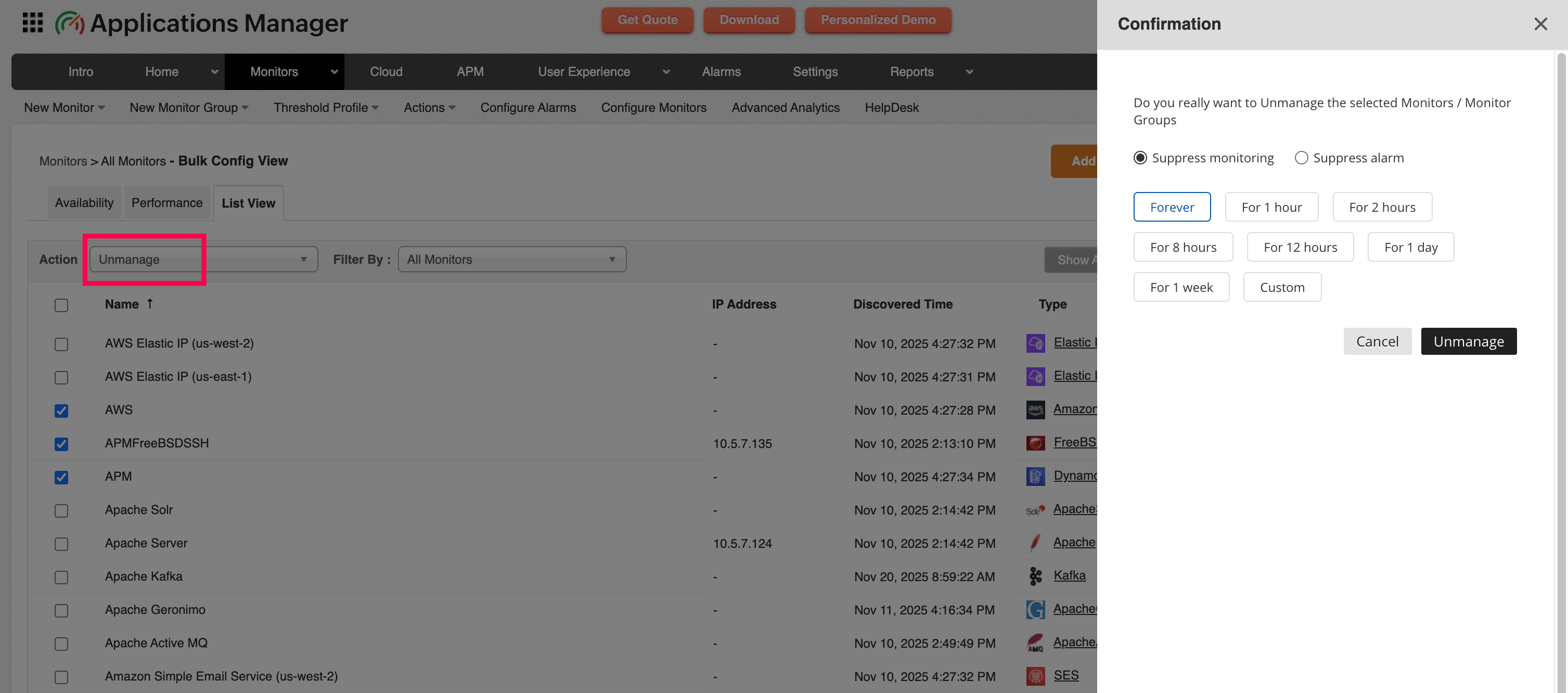Bulk Configuration - Unmanage Monitors Bulk Configuration - Unmanage Monitors