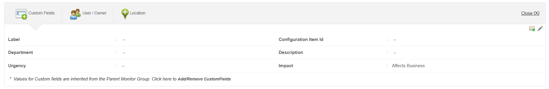 Applications Manager Custom Fields: Custom Fields tab showing Label, Department, Urgency, Configuration Item Id, Description, and Impact fields