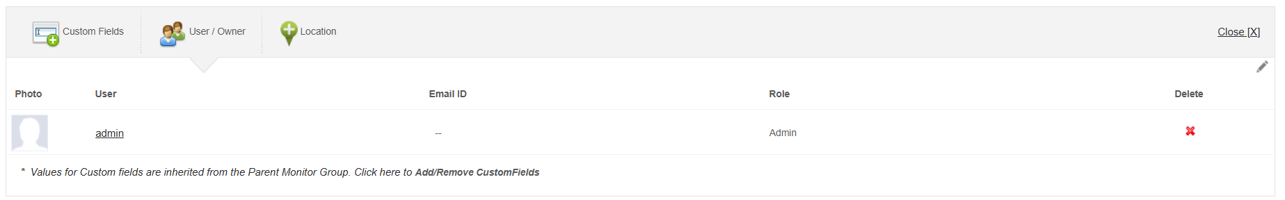 Applications Manager Custom Fields: User/Owner tab showing associated users with Photo, User, Email ID, Role, and Delete columns