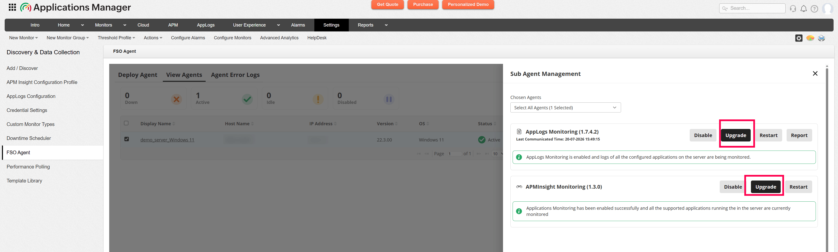 Sub Agent Management panel showing sub-agent upgrade options for AppLogs and APMInsight