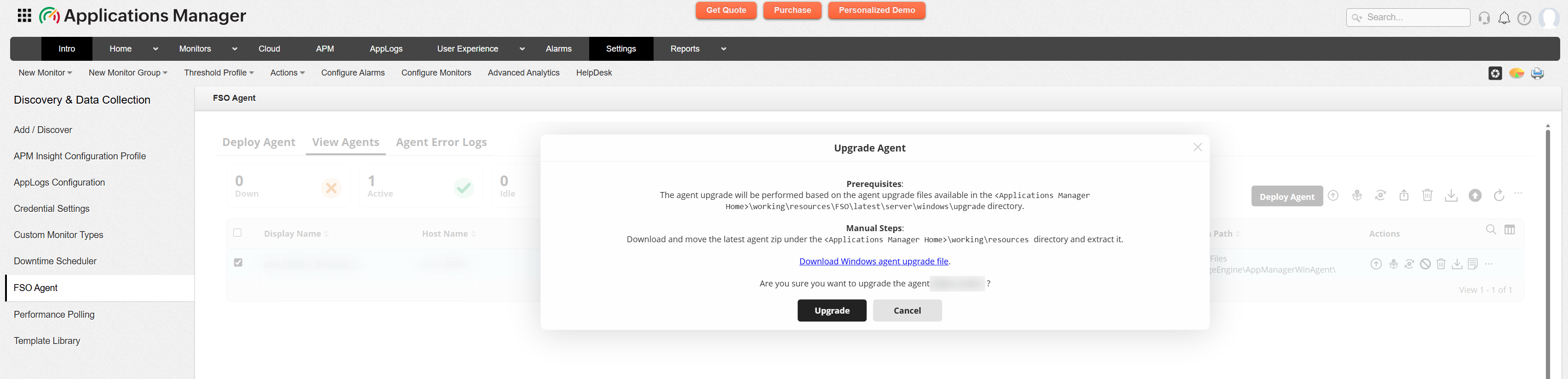 Upgrade Agent prerequisite pop-up showing prerequisites and manual steps