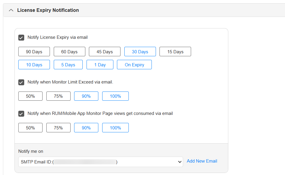 Applications Manager Licensing in Mobile App Monitor: License expiry notification for page views consumption percentage