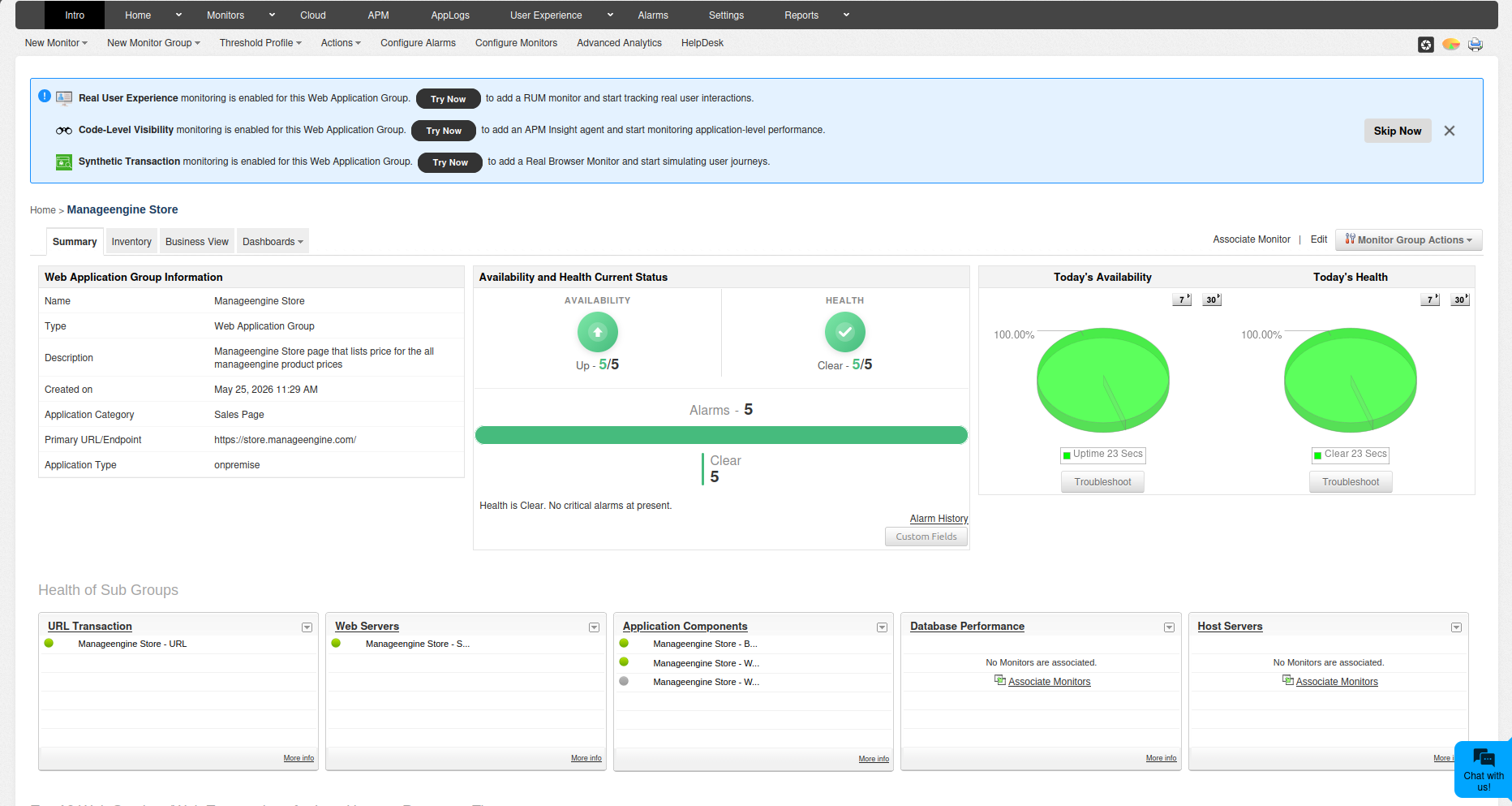 Web Application Group summary page showing group information, health status, and sub groups