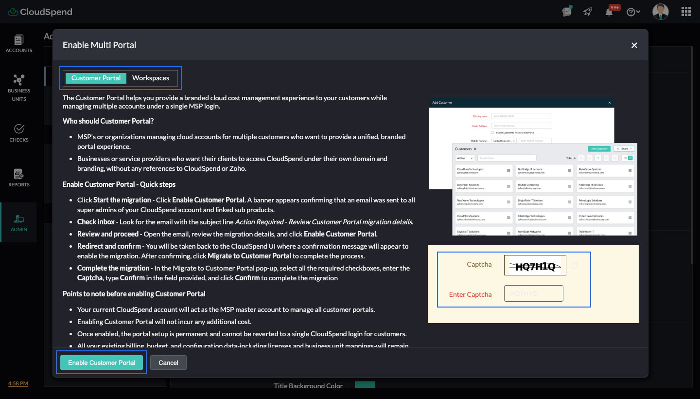 Enable Customer Portal Enable migration