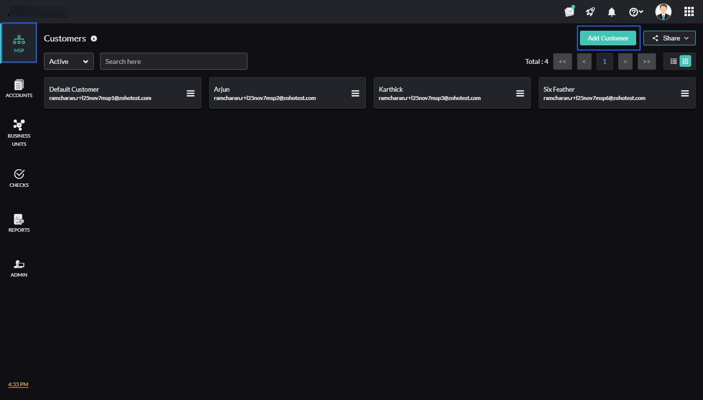 Customers page MSP tab
