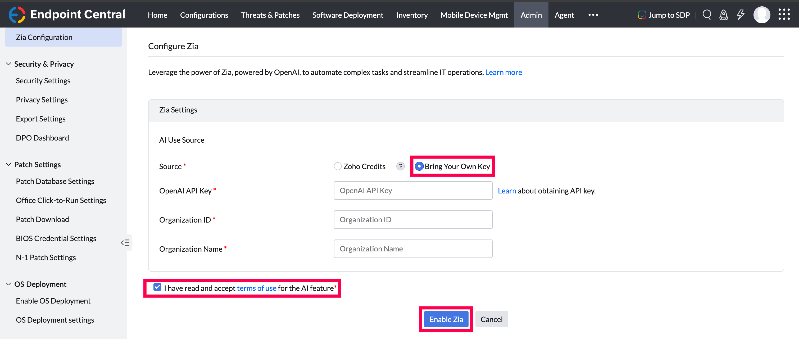 Enable Zia with Bring Your Own Key (BYOK)