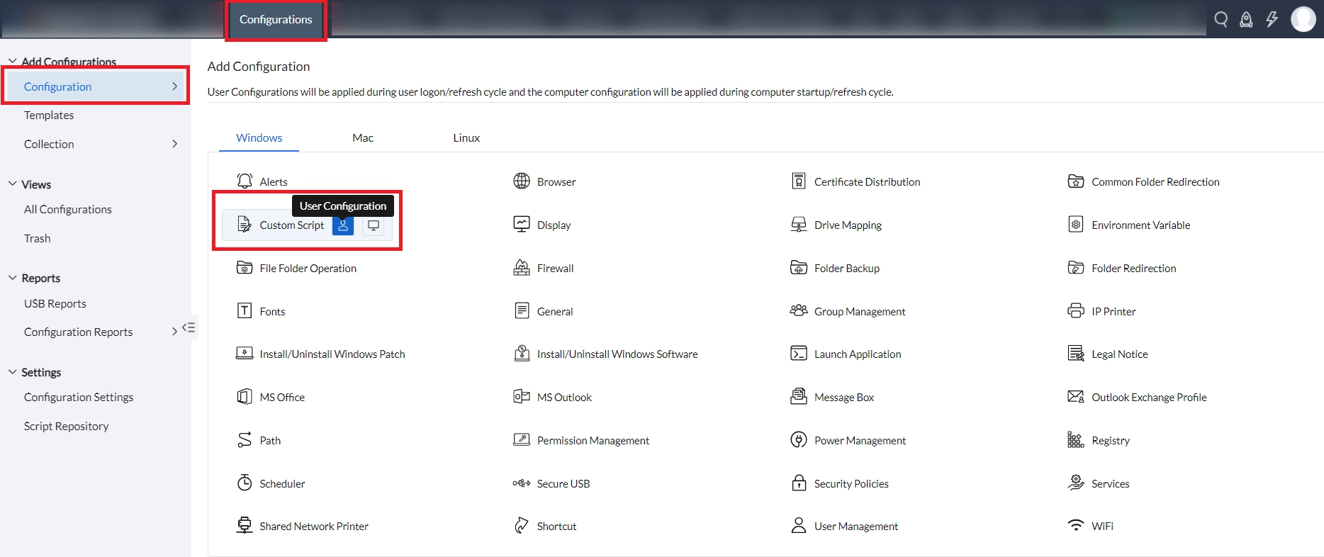 user custom script config navigation