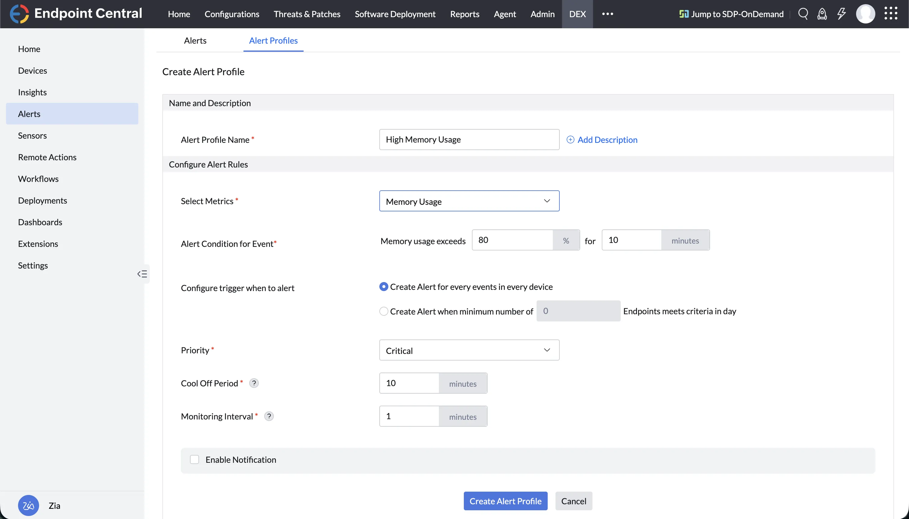 Alert Profile Creation View Alert Profile Creation View